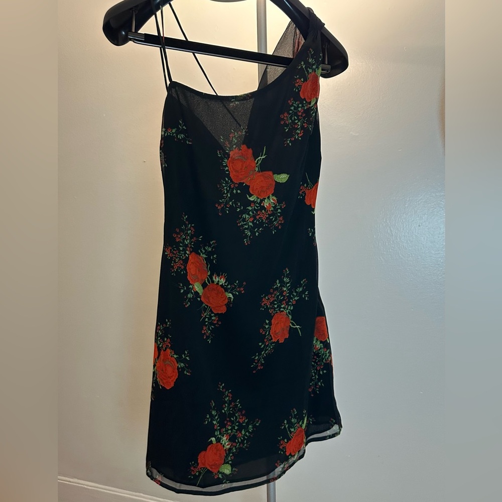Topshop Rose print asymmetric cowl mini slip dress in black XS